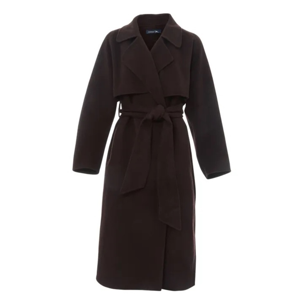 Soeur, Long Belted Wool Coat, Dark Brown, Size 3